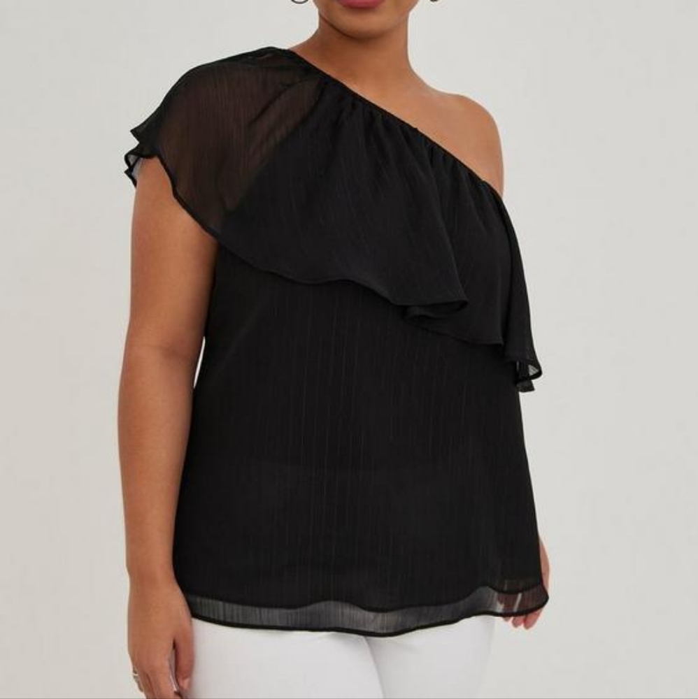 Torrid One Shoulder Blavk Crinkle‎ Chiffon Ruffle Blouse